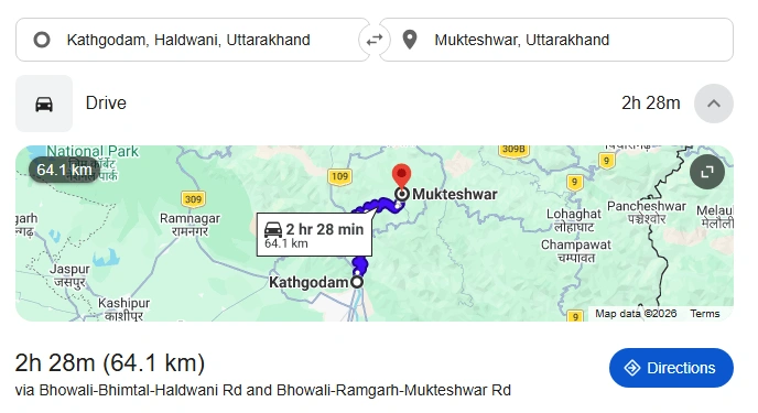 Google Maps route from Kathgodam to Mukteshwar showing 64.1 km distance and 2 hour 28 minute drive time