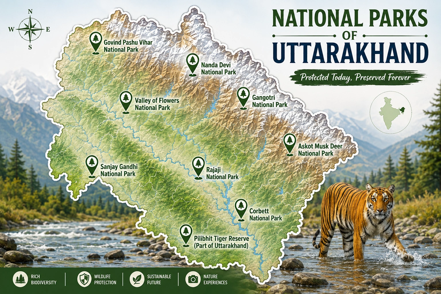 Map showing the location of national parks across Uttarakhand